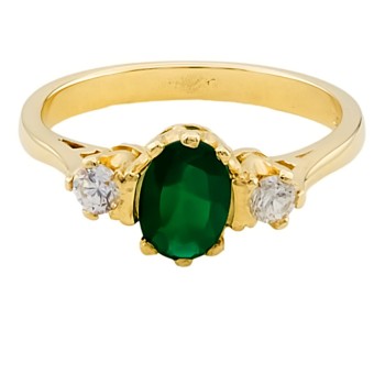 9ct Gold Green Agate and Cubic Zirconia 3 Stone Ring Size N